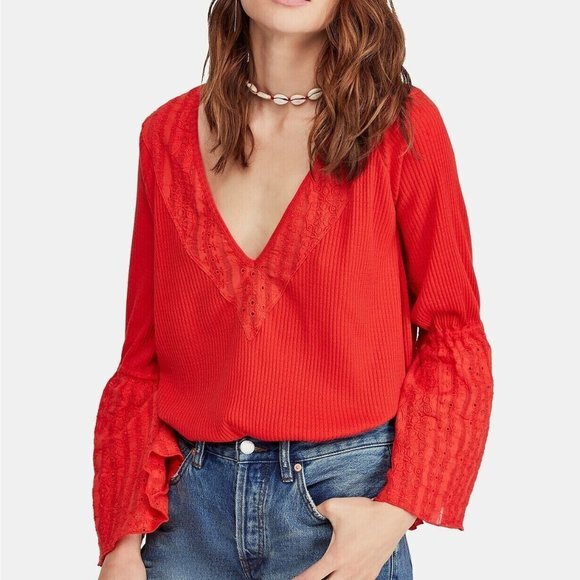 Free People Parisian Nights Tunic Top Women S Eyelet Embroidered V-neck Boho - Picture 1 of 15